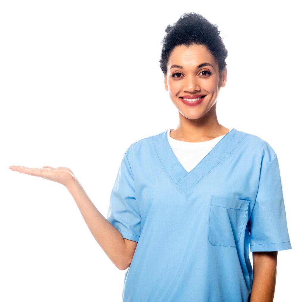 African american nurse smiling and pointing with hand isolated on white
