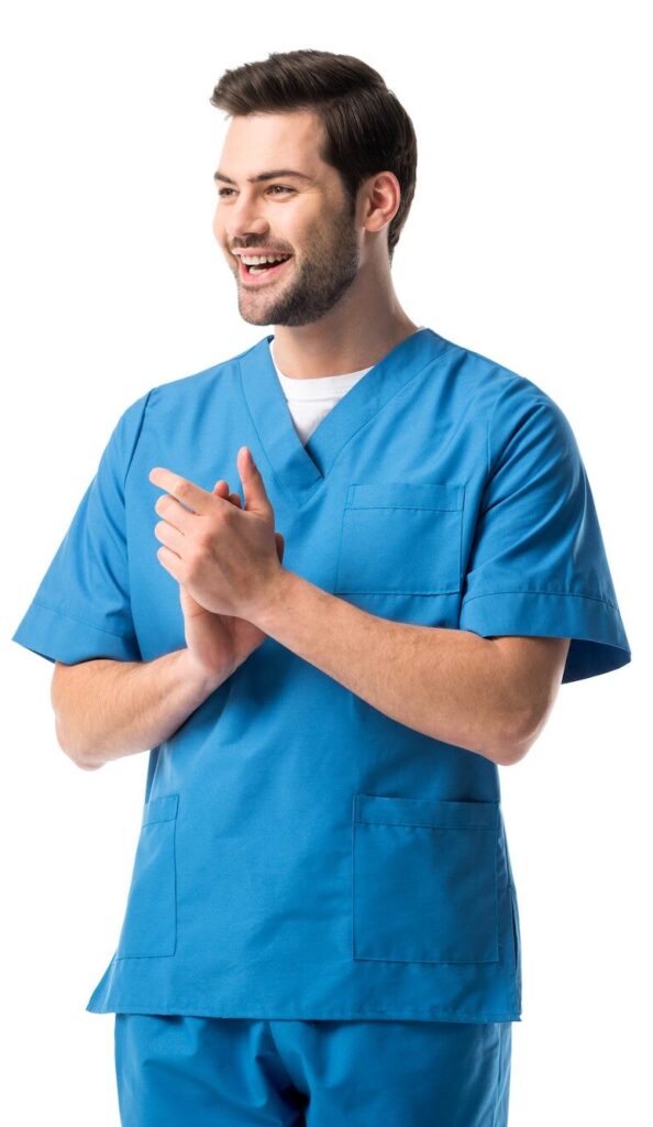 Smiling male nurse wearing blue uniform isolated on white